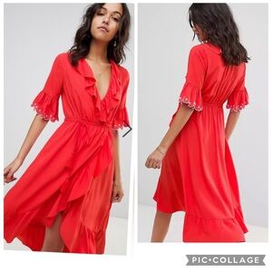 NWT Anthropologie Ruffle Faux Wrap Dress with Scallop Hem Tassel Tie;Size Meduim